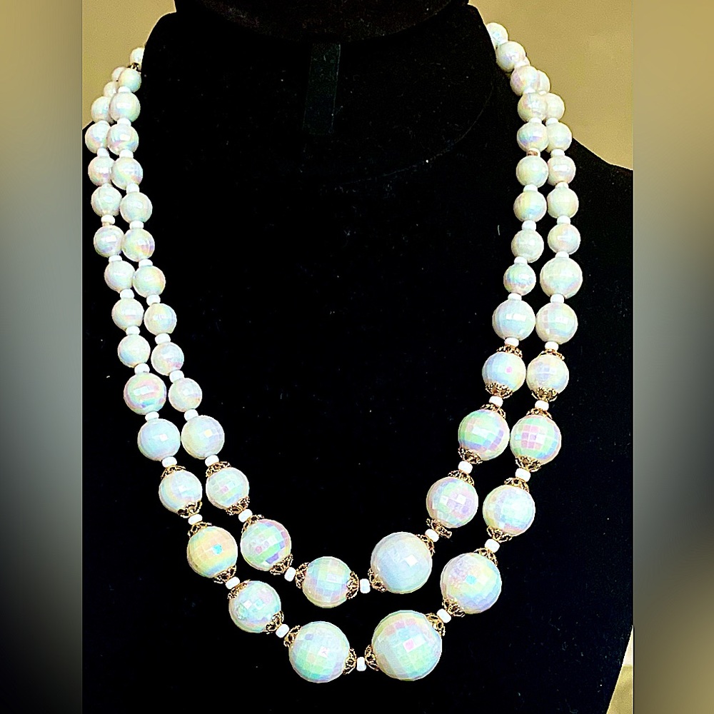 Rare 50’s Lisner AB Snow Quartz Double Strand Necklace.